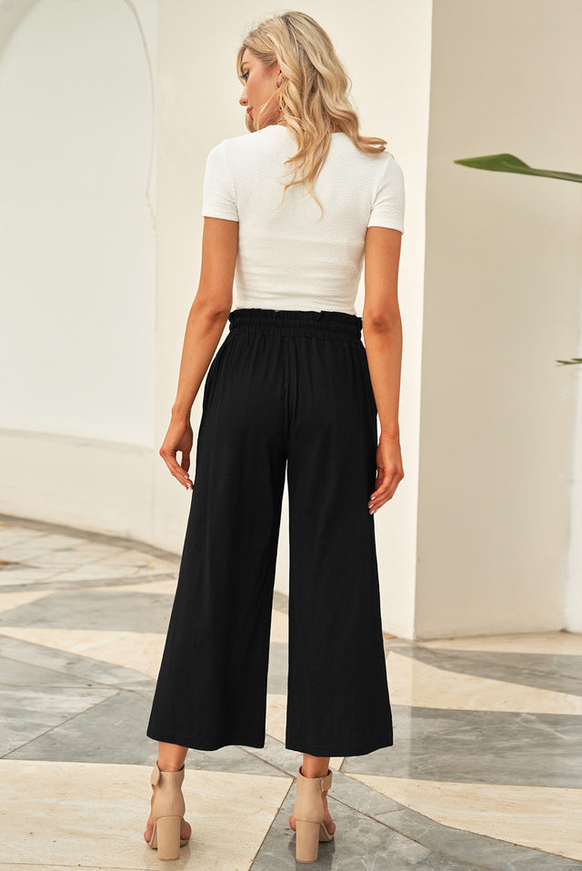 Drawstring paperbag waist wide leg pants, opaque.