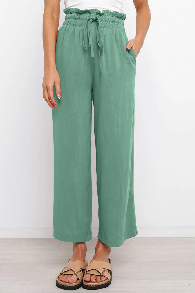 Drawstring paperbag waist wide leg pants, opaque.