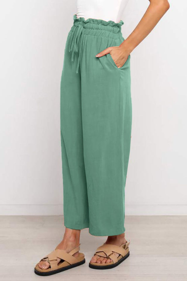 Drawstring paperbag waist wide leg pants, opaque.