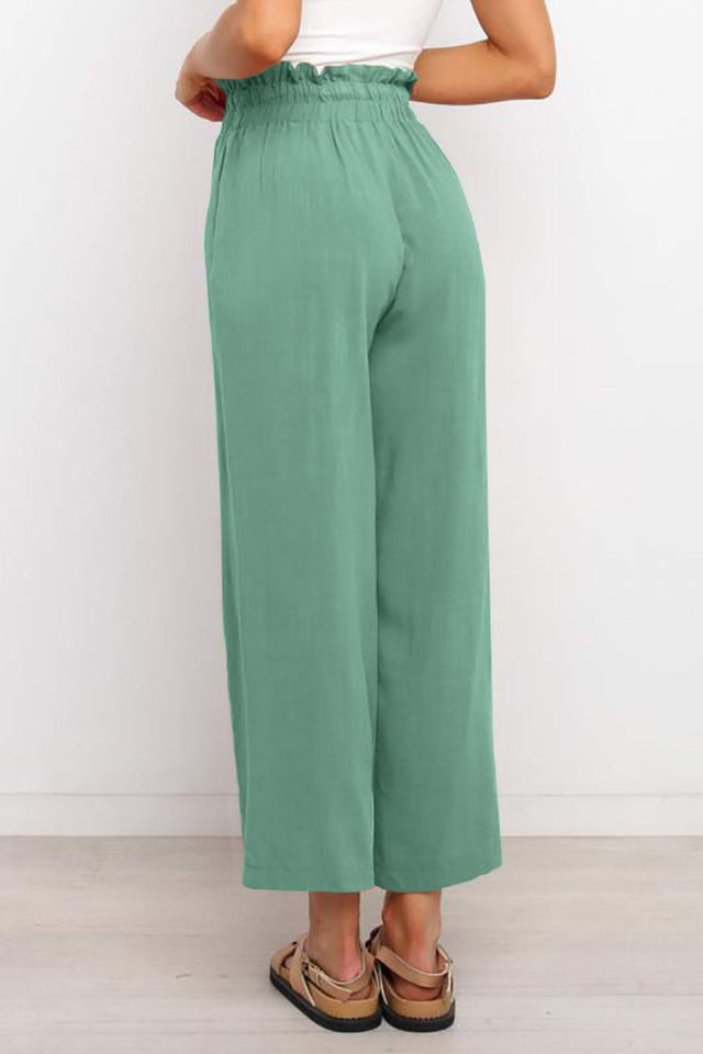 Drawstring paperbag waist wide leg pants, opaque.