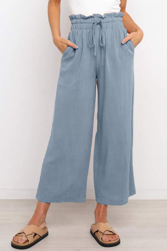 Drawstring paperbag waist wide leg pants, opaque.