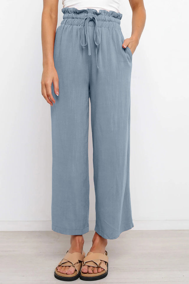 Drawstring paperbag waist wide leg pants, opaque.