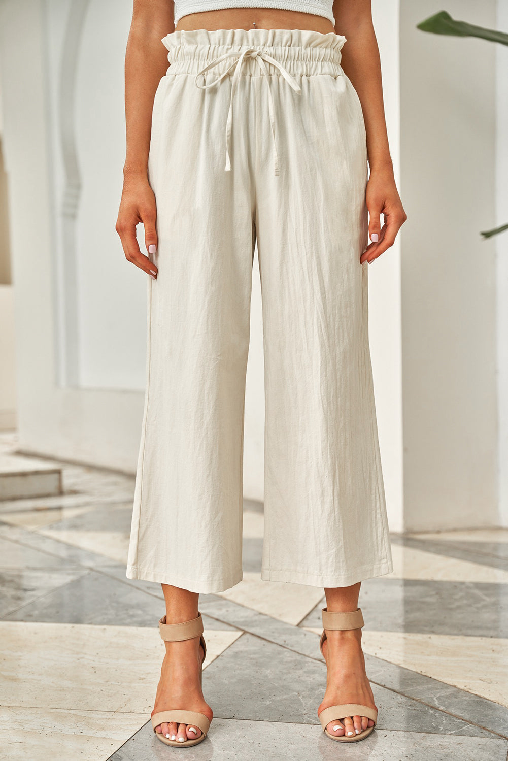 Drawstring paperbag waist wide leg pants, opaque.