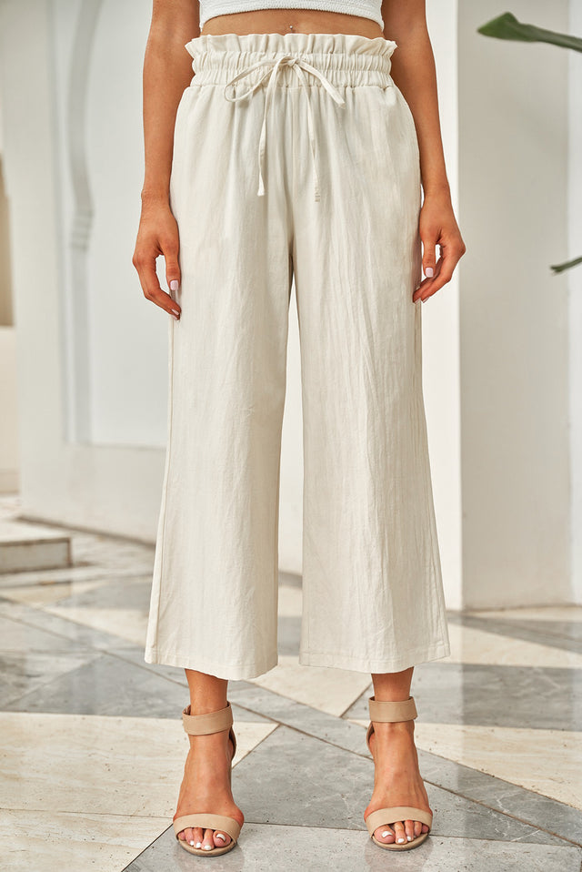 Drawstring paperbag waist wide leg pants, opaque.
