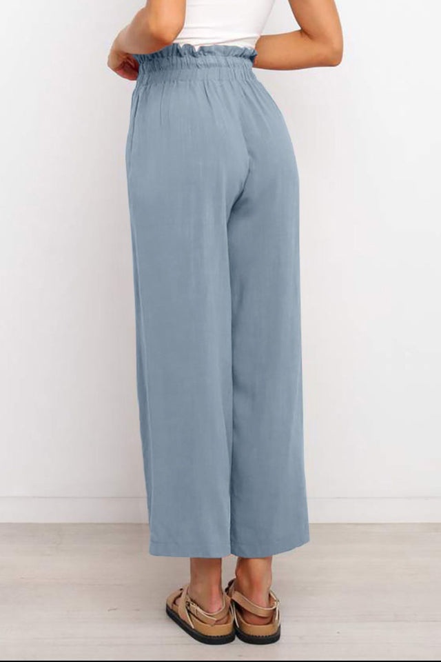 Drawstring paperbag waist wide leg pants, opaque.