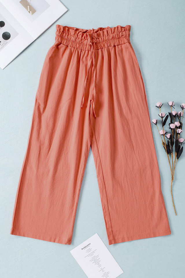 Drawstring paperbag waist wide leg pants, opaque.