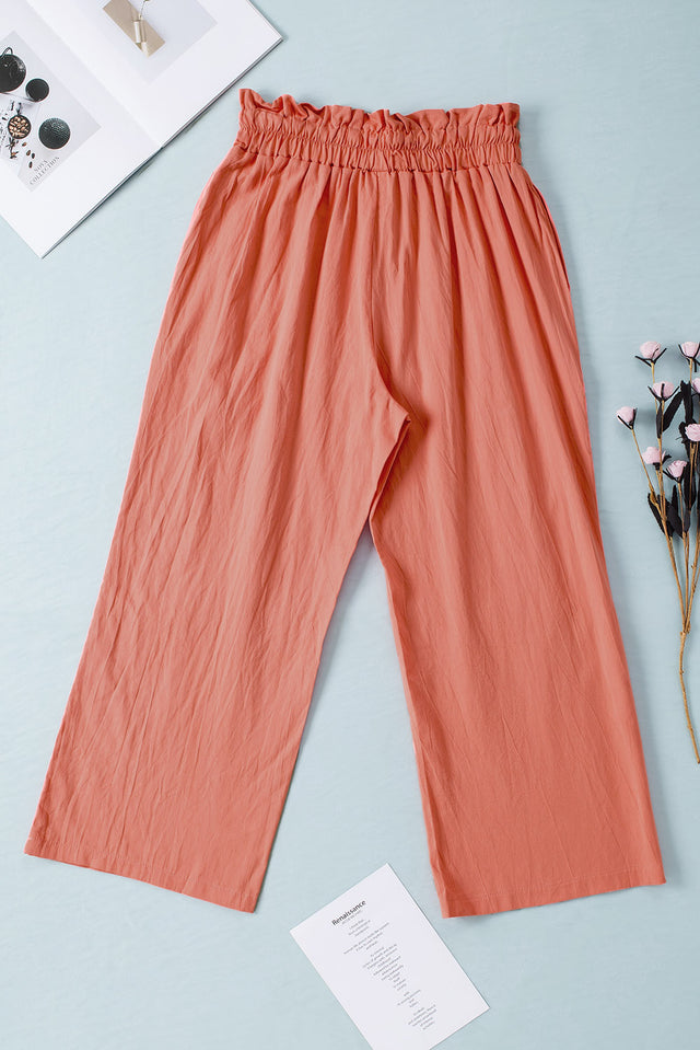 Drawstring paperbag waist wide leg pants, opaque.
