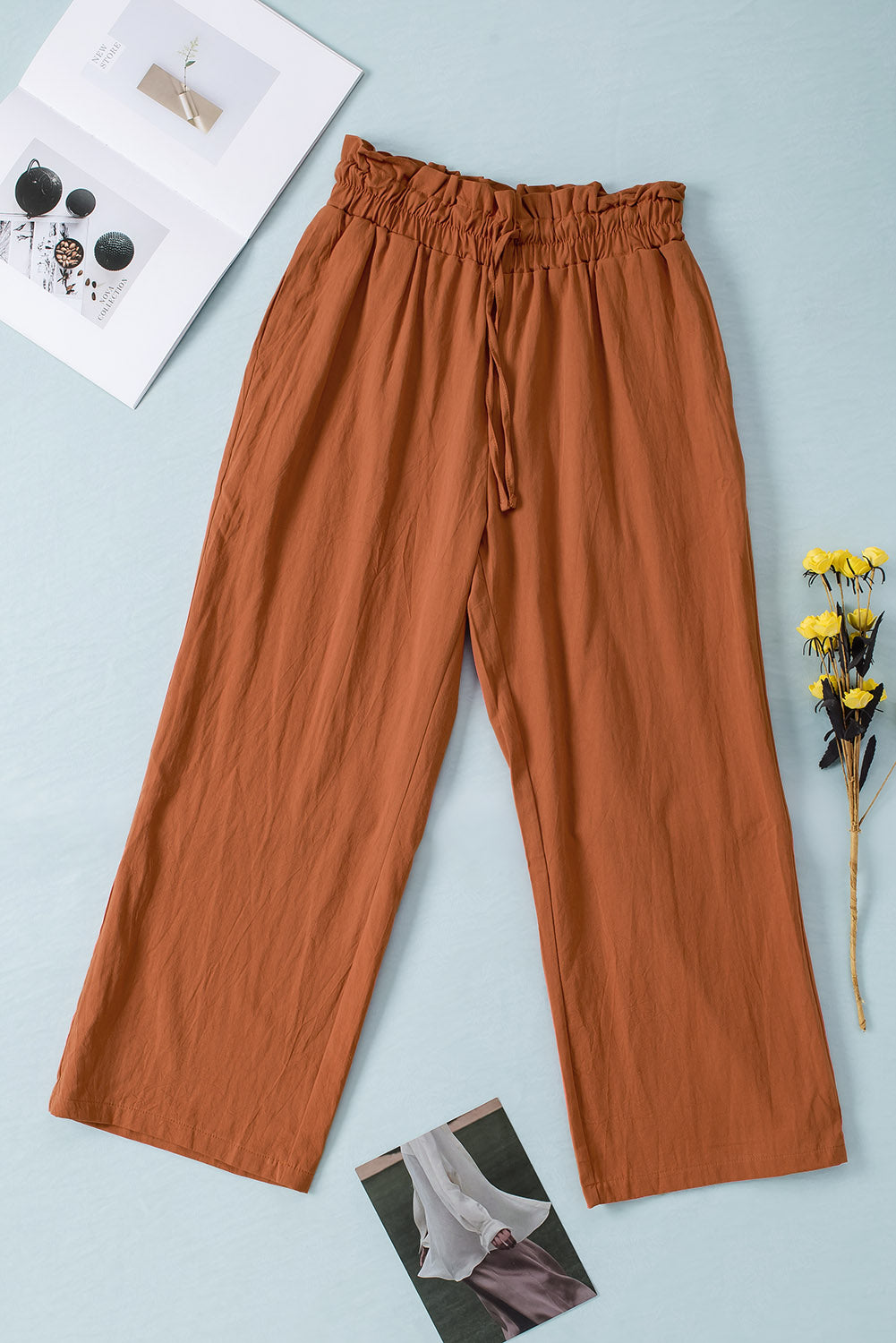 Drawstring paperbag waist wide leg pants, opaque.