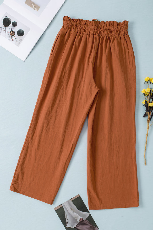 Drawstring paperbag waist wide leg pants, opaque.