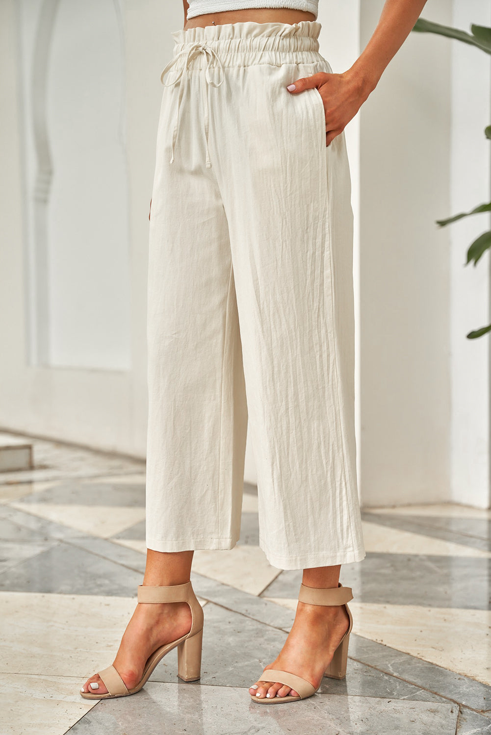 Drawstring paperbag waist wide leg pants, opaque.