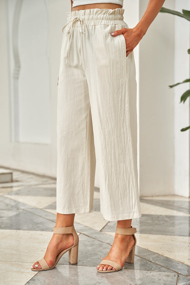 Drawstring paperbag waist wide leg pants, opaque.