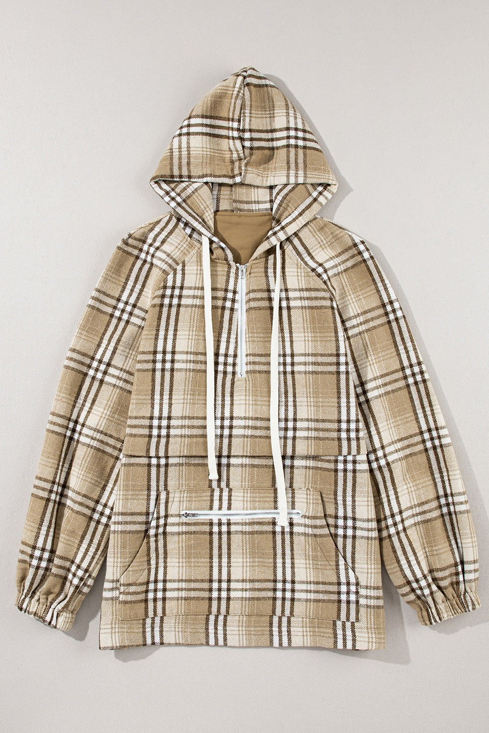Drawstring plaid half zip raglan sleeve hoodie with pockets.