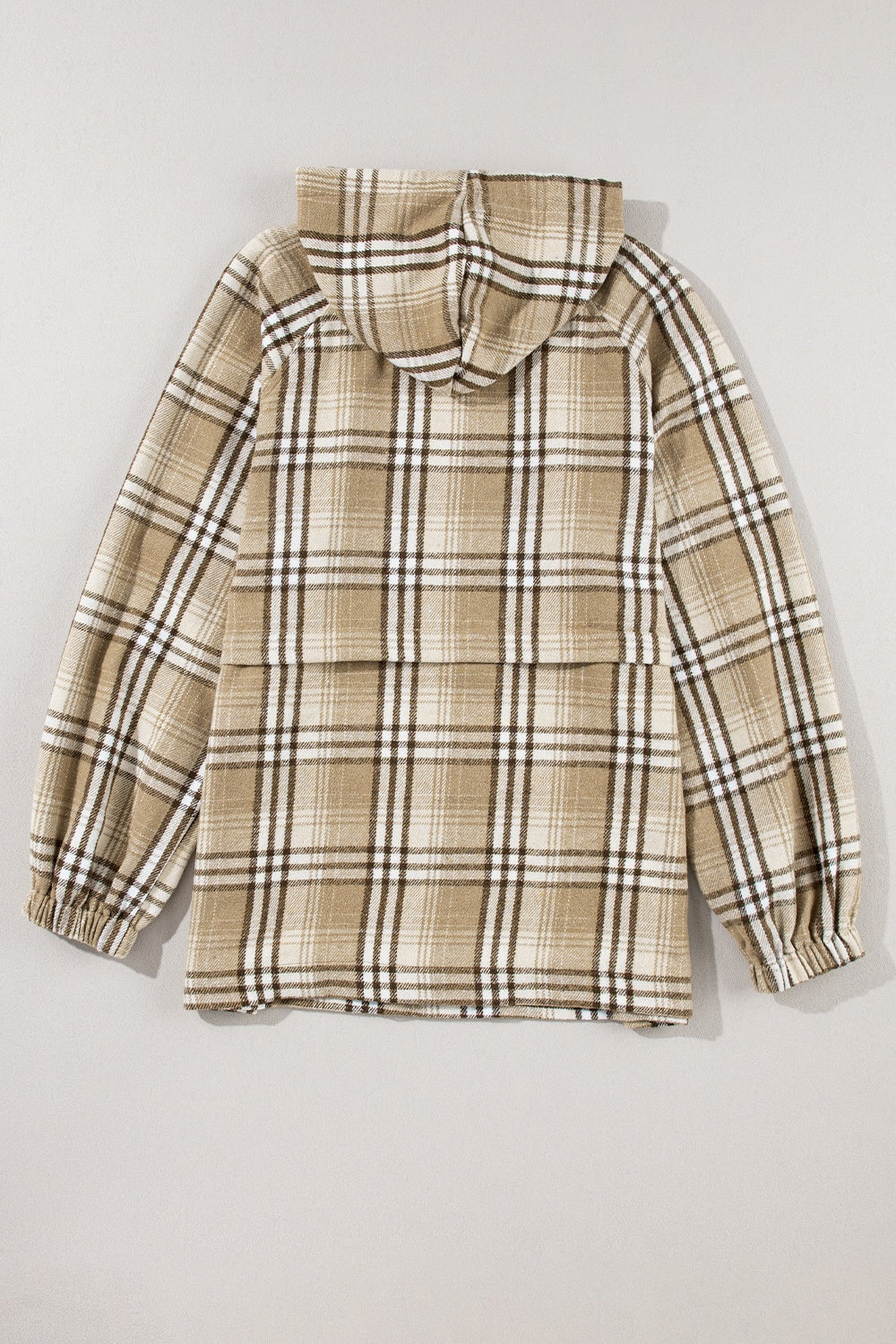 Drawstring plaid half zip raglan sleeve hoodie with pockets.