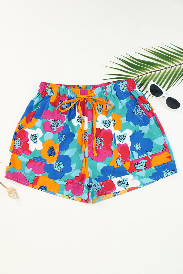 Drawstring printed high-waist shorts.
