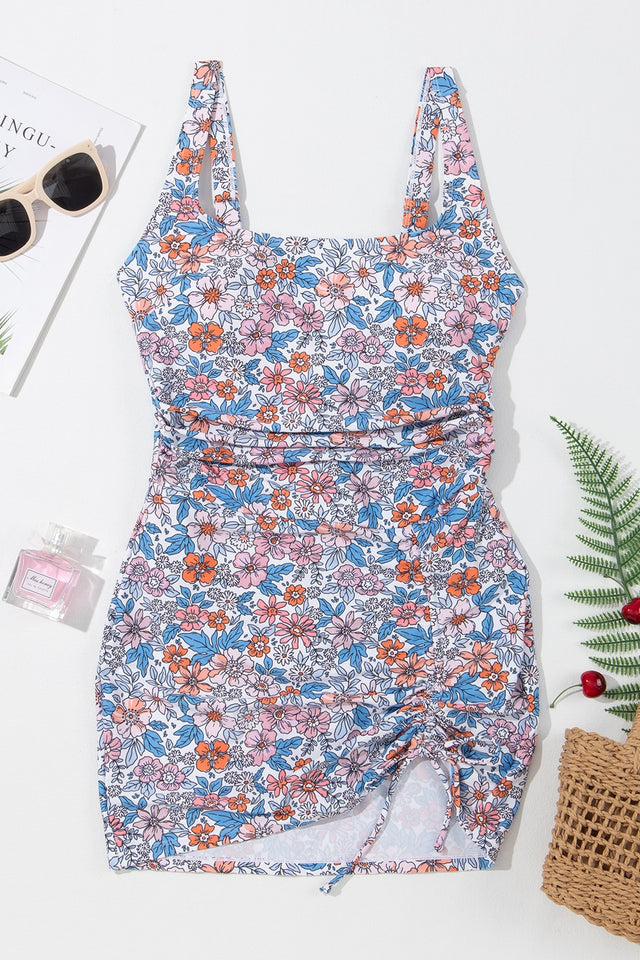 Drawstring Printed Wide Strap Swim Dress.