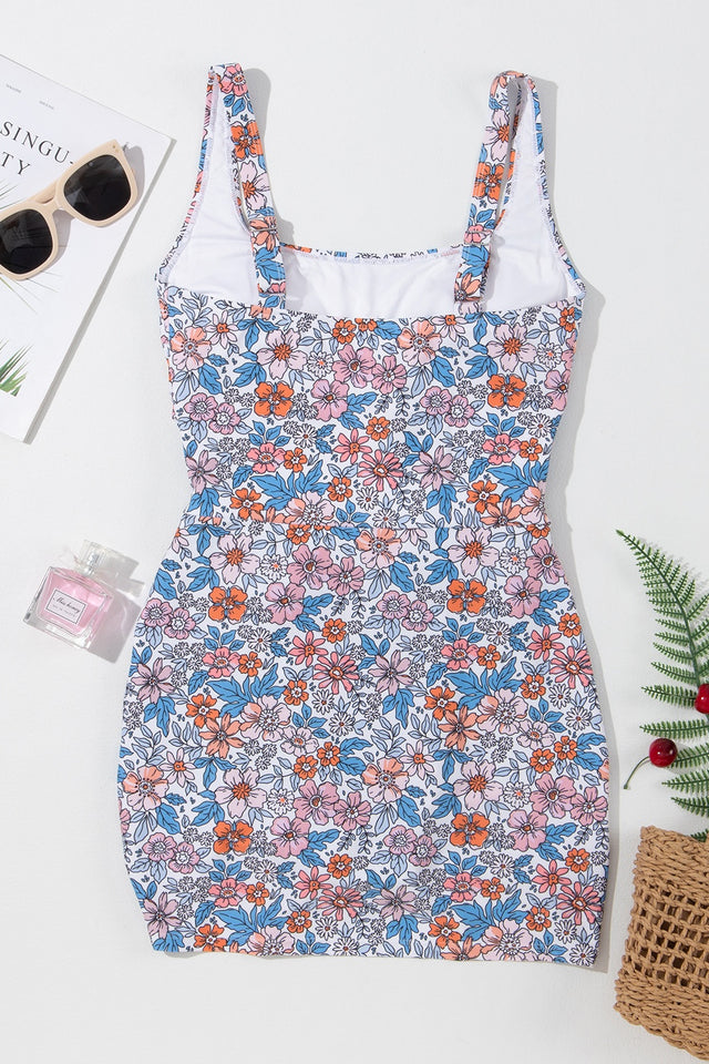 Drawstring Printed Wide Strap Swim Dress.