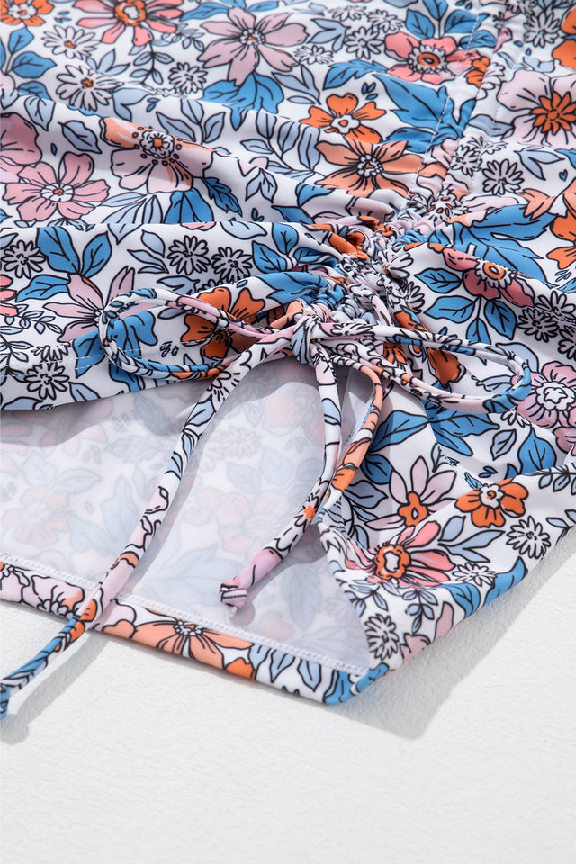 Drawstring Printed Wide Strap Swim Dress.