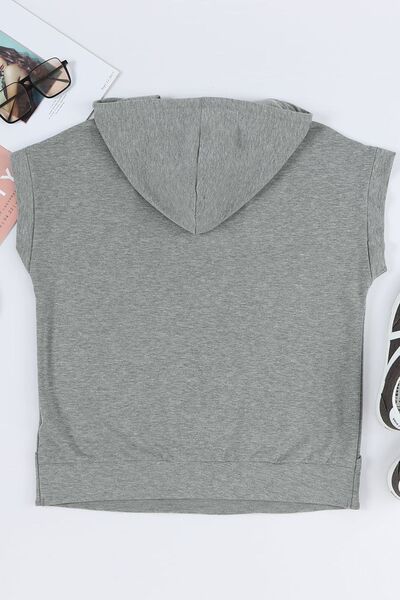 Drawstring quarter snap cap sleeve hoodie.