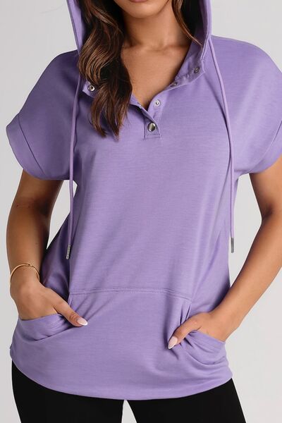 Drawstring quarter snap cap sleeve hoodie.