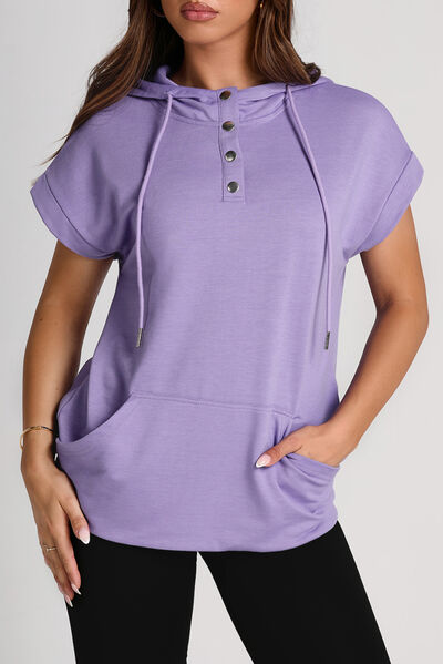 Drawstring quarter snap cap sleeve hoodie.
