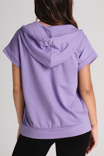 Drawstring quarter snap cap sleeve hoodie.