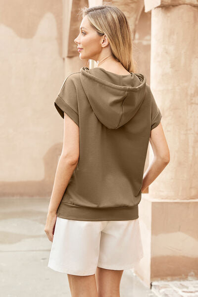 Drawstring quarter snap cap sleeve hoodie.