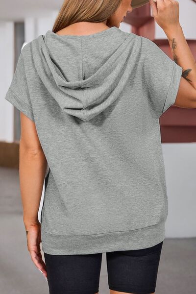 Drawstring quarter snap cap sleeve hoodie.