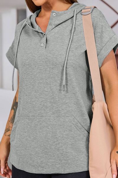 Drawstring quarter snap cap sleeve hoodie.