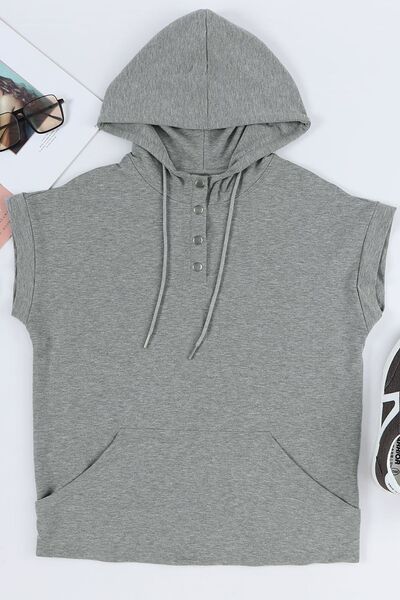 Drawstring quarter snap cap sleeve hoodie.