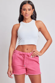 Drawstring raw hem shorts.