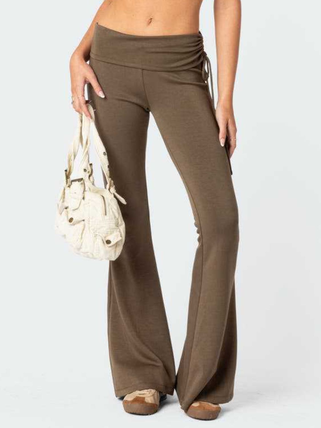 Drawstring ruched flare pants, opaque.