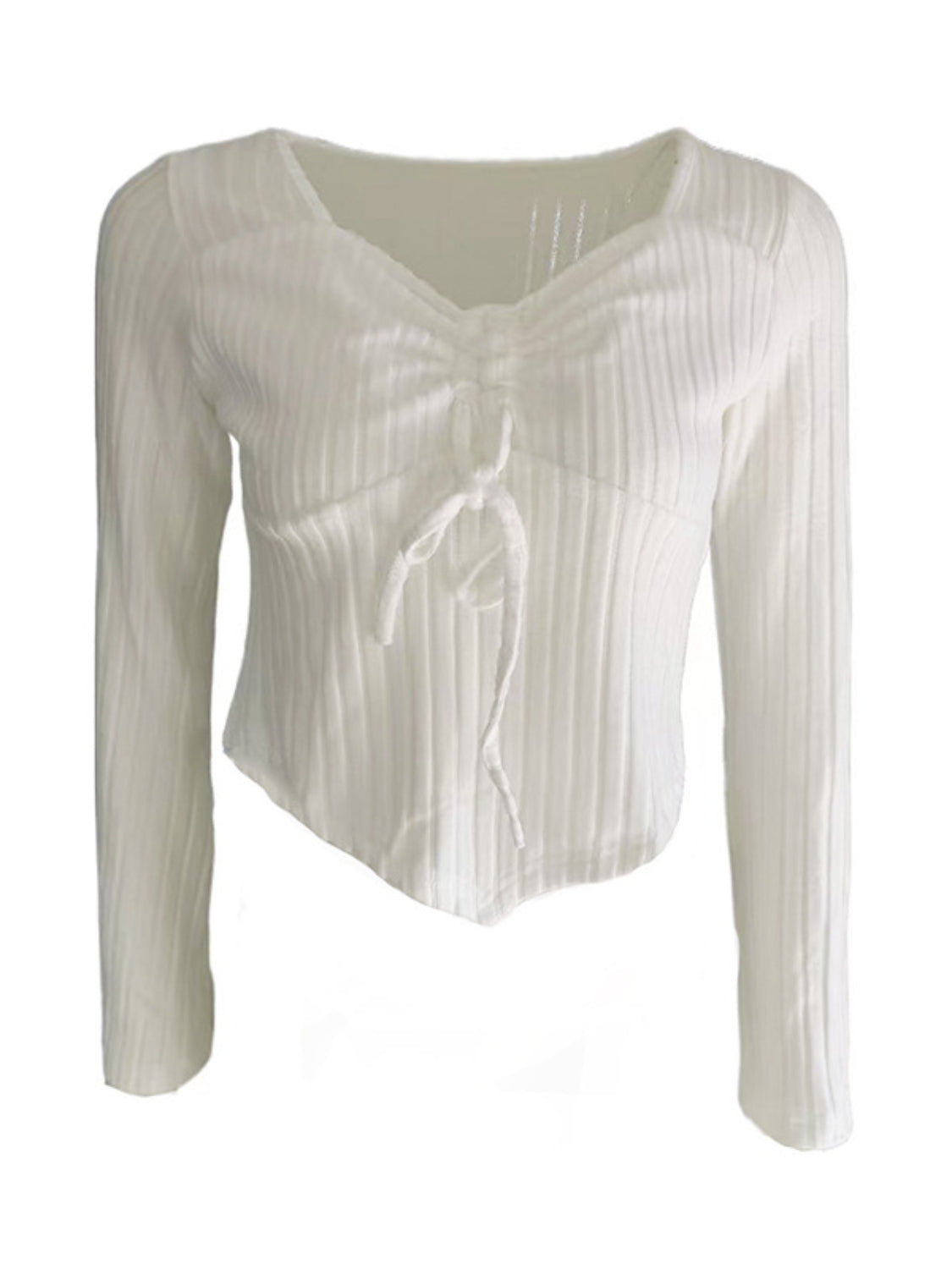 Drawstring ruched long sleeve ribbed top.