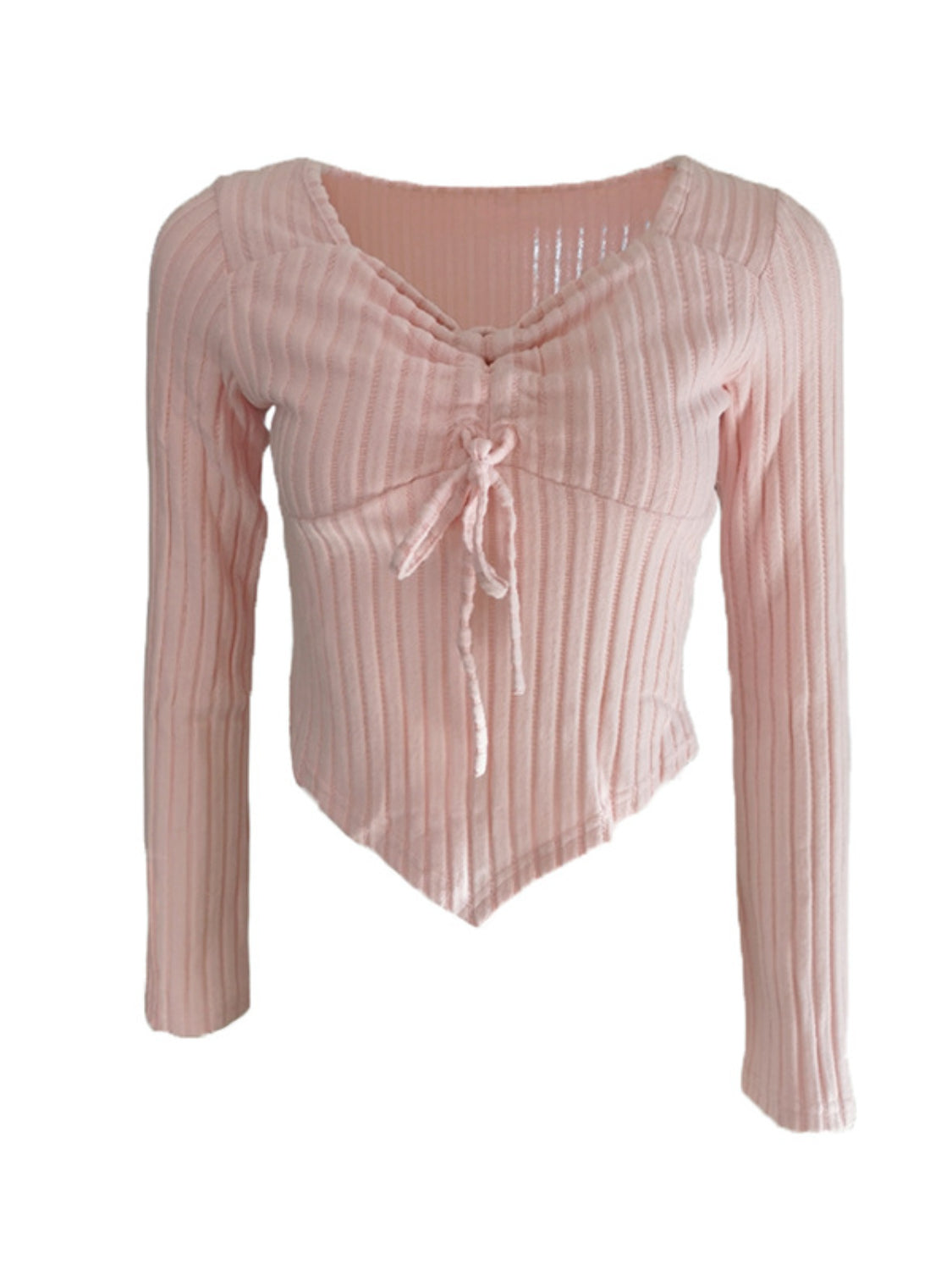 Drawstring ruched long sleeve ribbed top.