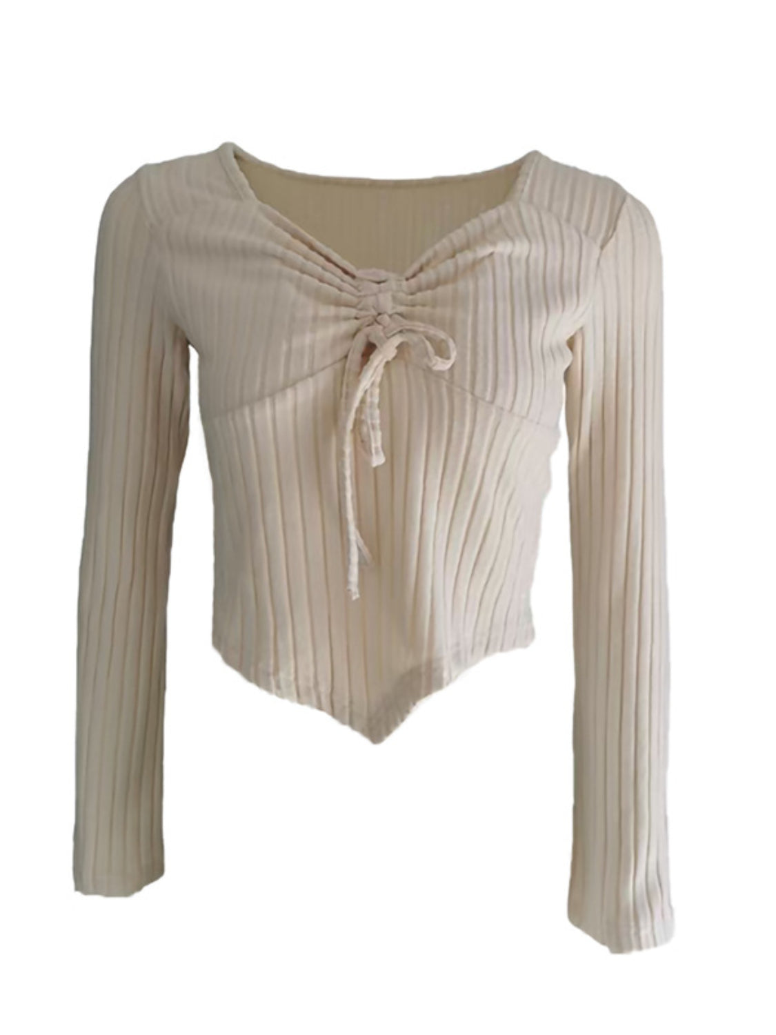 Drawstring ruched long sleeve ribbed top.
