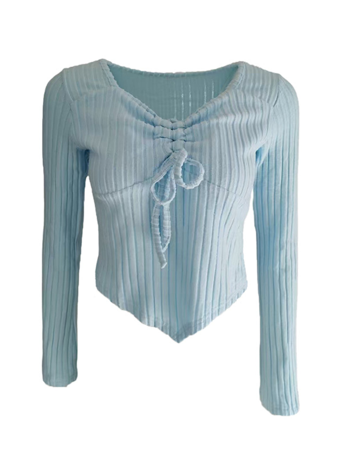 Drawstring ruched long sleeve ribbed top.