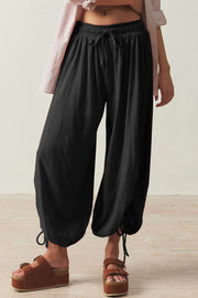 Drawstring ruched pants, opaque.