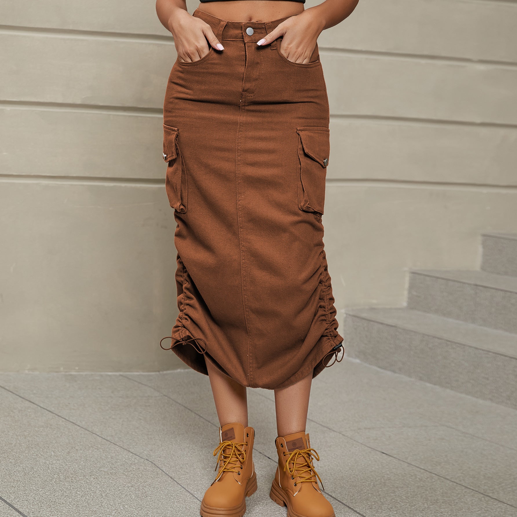 Drawstring Ruched Slit Denim Midi Skirt.