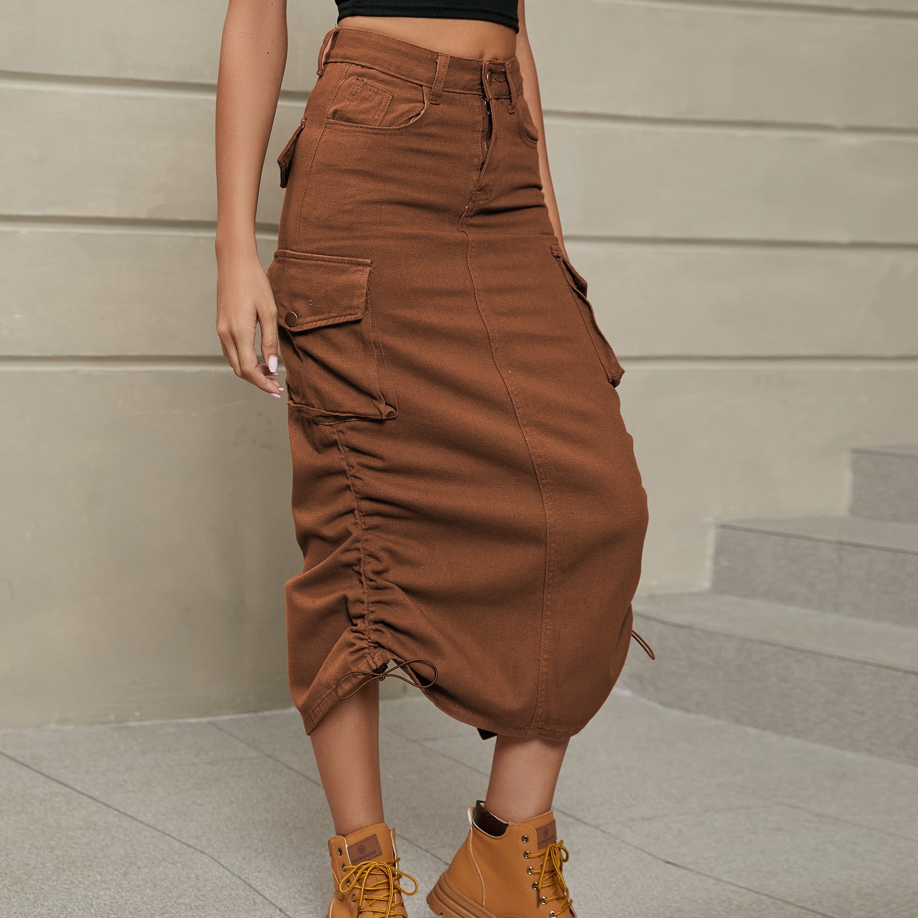 Drawstring Ruched Slit Denim Midi Skirt.