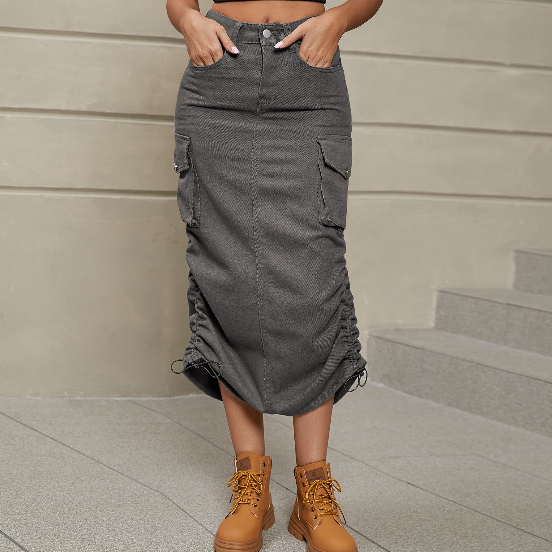 Drawstring Ruched Slit Denim Midi Skirt.