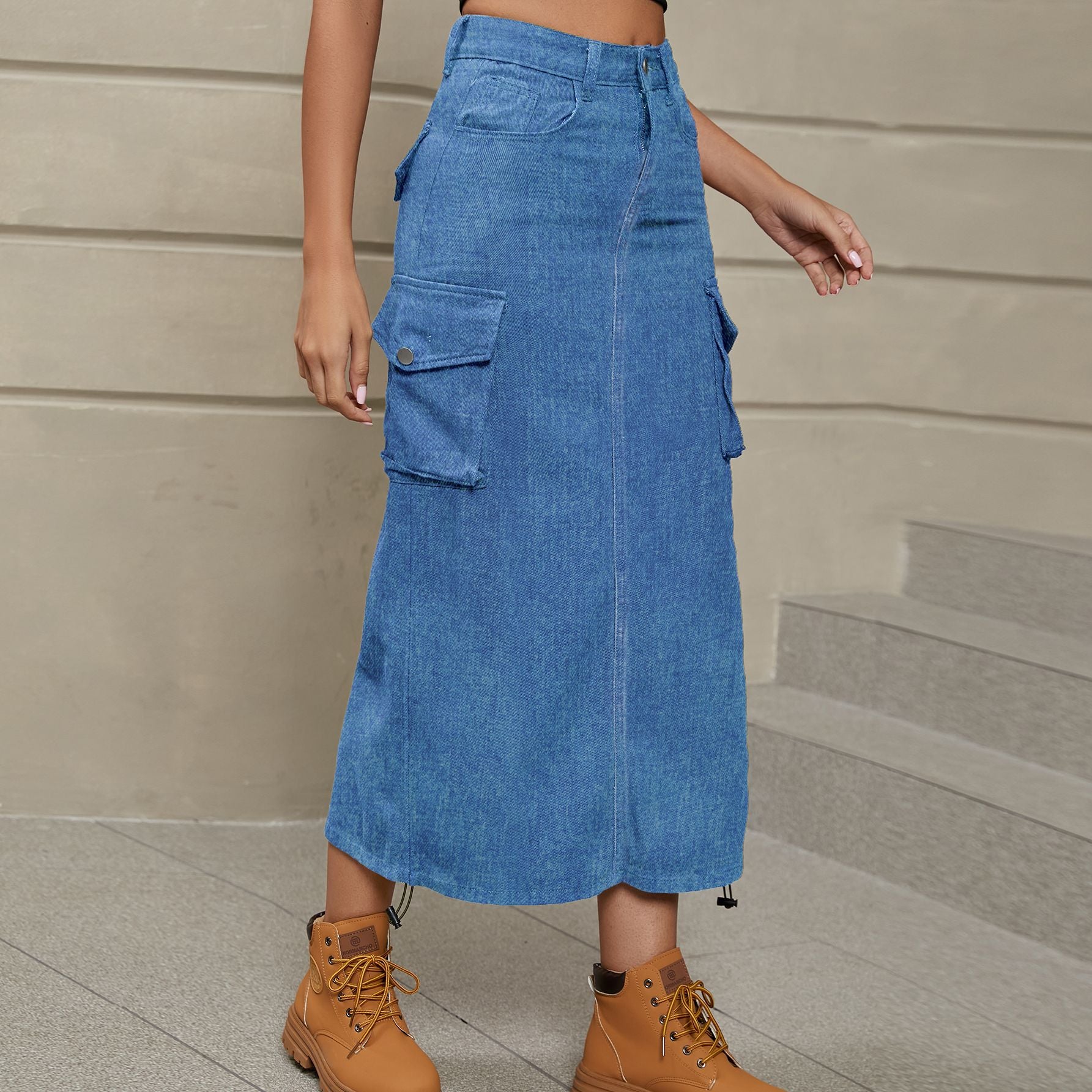 Drawstring Ruched Slit Denim Midi Skirt.