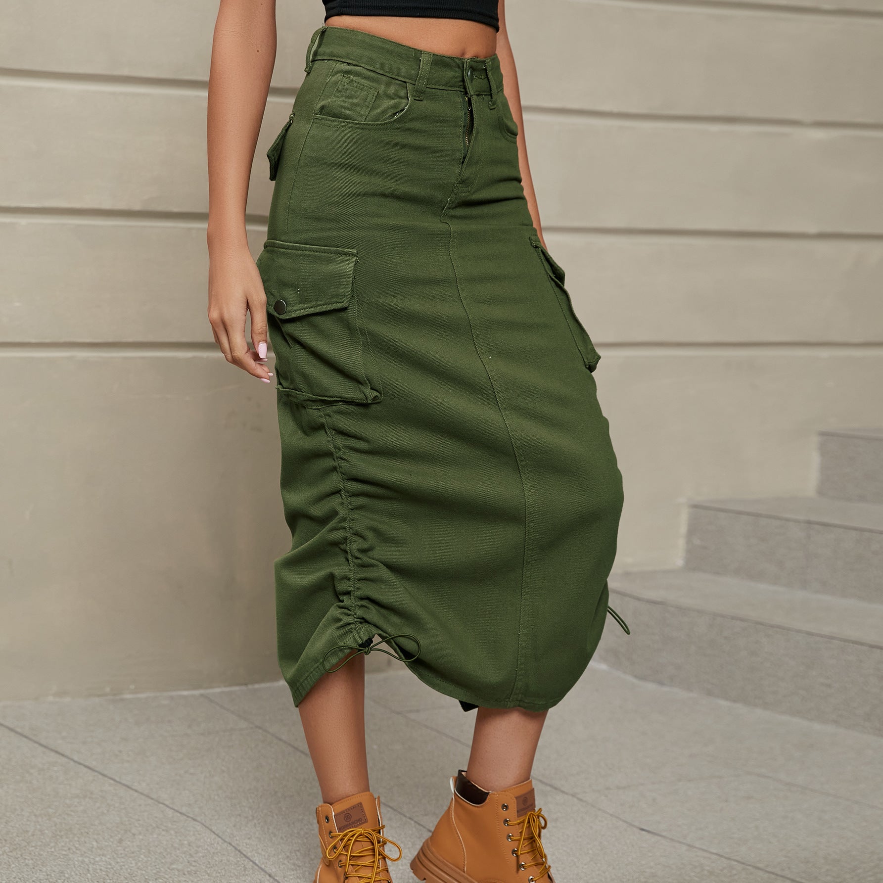 Drawstring Ruched Slit Denim Midi Skirt.