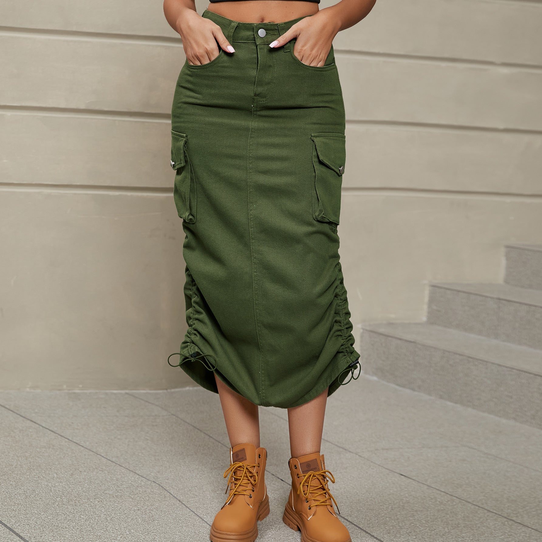 Drawstring Ruched Slit Denim Midi Skirt.