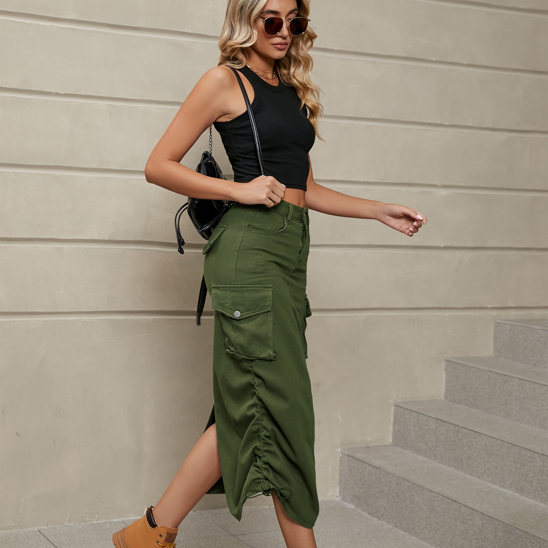 Drawstring Ruched Slit Denim Midi Skirt.