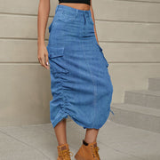 Drawstring Ruched Slit Denim Midi Skirt.