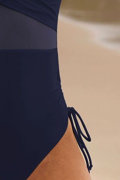 Drawstring Ruched V-Neck One-Piece Swimwear with Crisscross.
