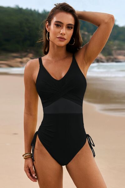 Drawstring Ruched V-Neck One-Piece Swimwear with Crisscross.