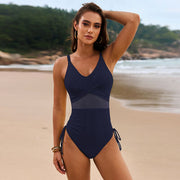 Drawstring Ruched V-Neck One-Piece Swimwear with Crisscross.
