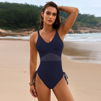 Drawstring Ruched V-Neck One-Piece Swimwear with Crisscross.