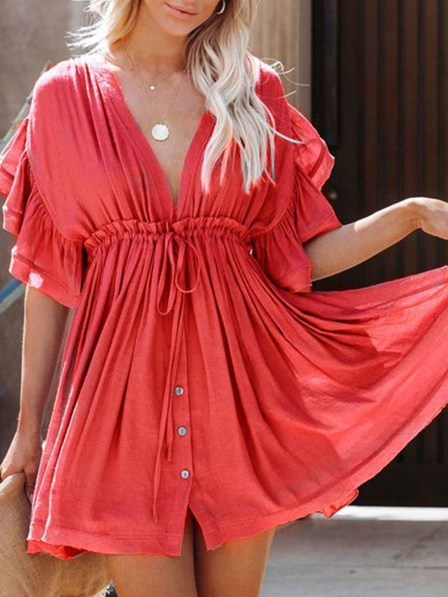 Drawstring Ruffled Half Sleeve Mini Dress.