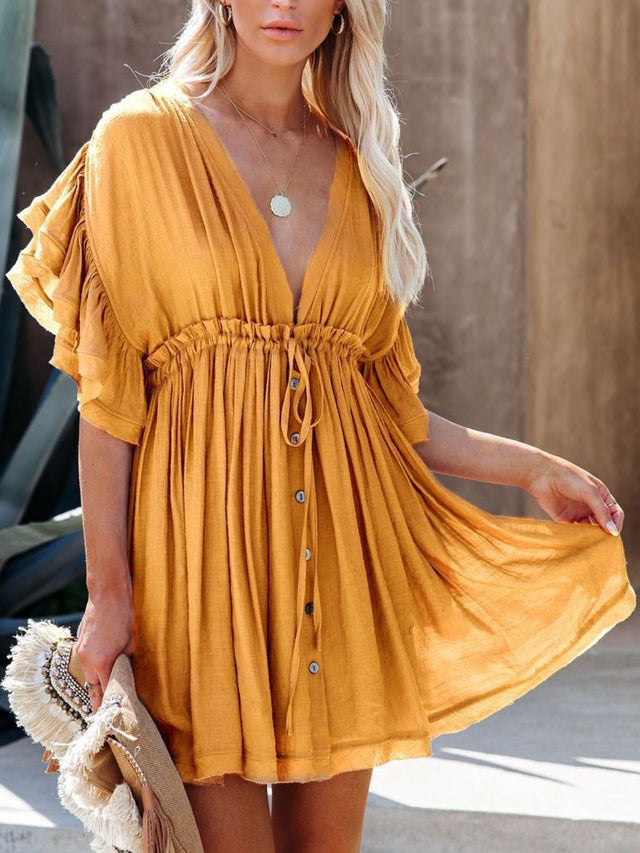 Drawstring Ruffled Half Sleeve Mini Dress.
